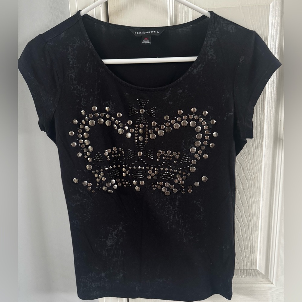 Rock & Republic Black Studded Graphic Tee XS